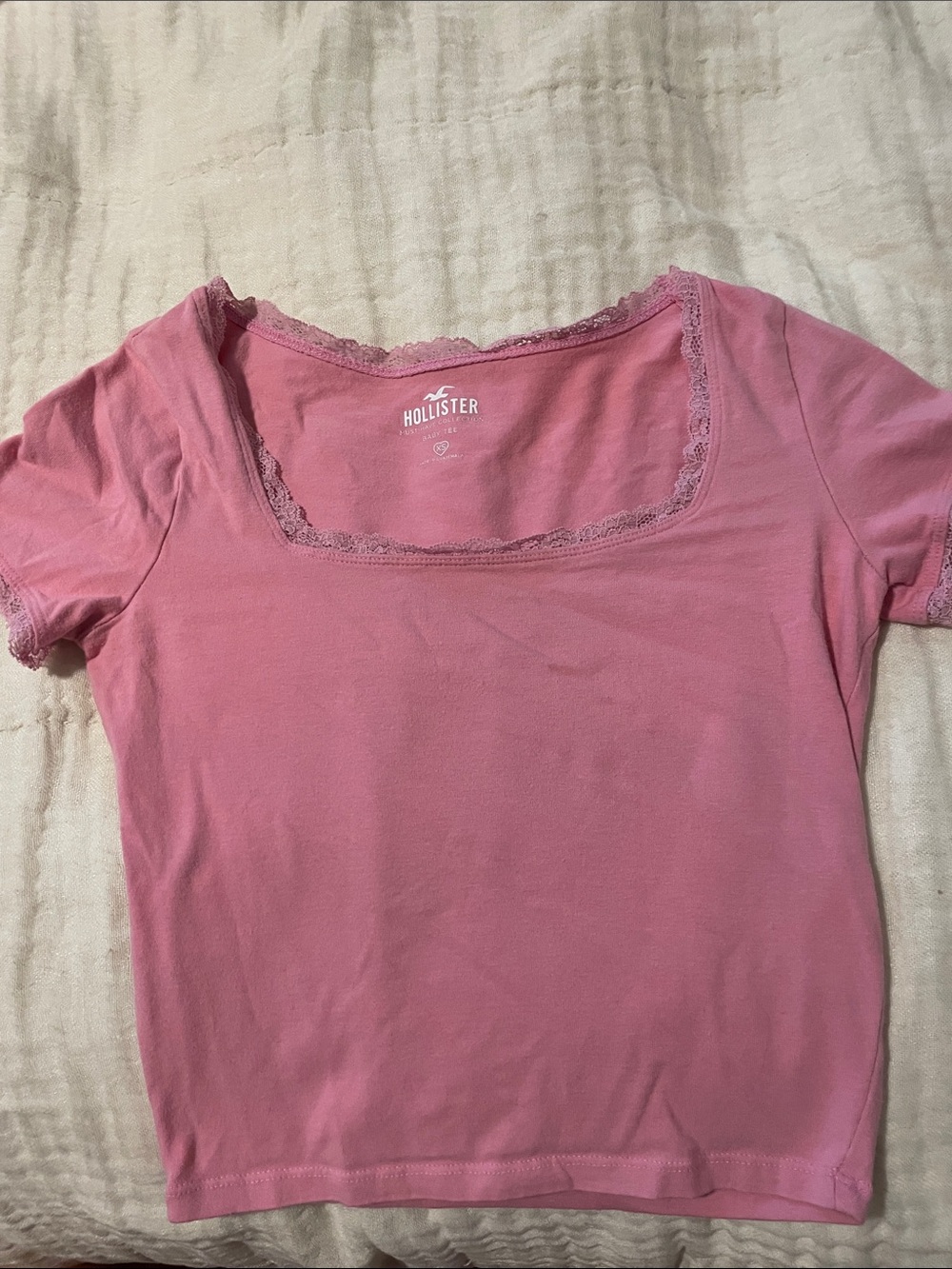 Hollister Pink Lace-Trim Square Neck Short Sleeve Tee